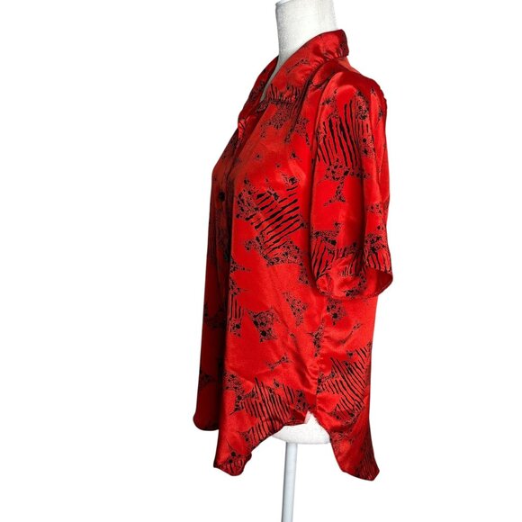 Vintage 80s Red Black Button Up Blouse Medium Short Sleeve Abstract Print - Picture 3 of 8